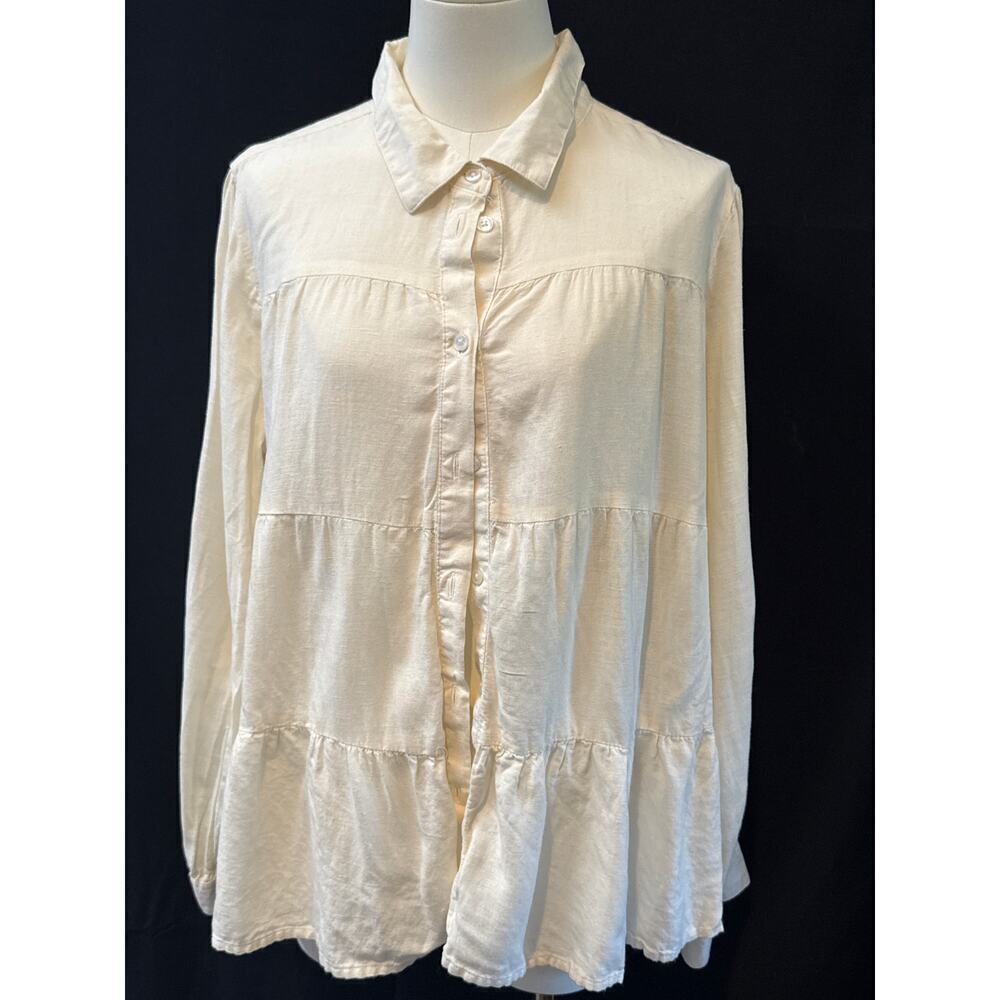 Women’s dip A-Line Tiered Ivory Button Up Shirt Linen Blend Sz L